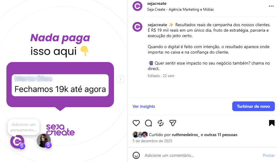 Resultado real de campanha da Seja Create